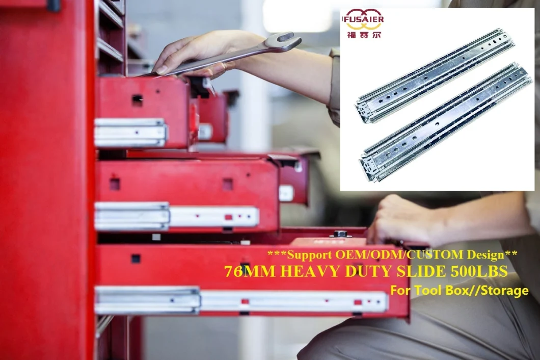 Industrial Cabinet Hardware 227kg Load 76mm Full Extension Heavy Duty Ball Bearing Tool Box Drawer Slide No Locking